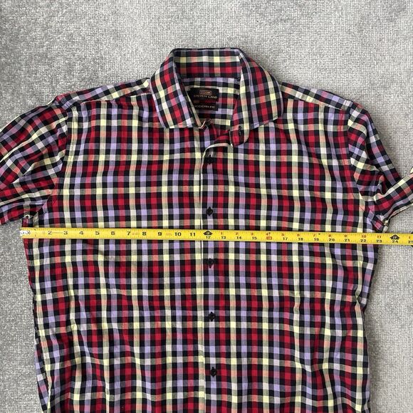 Steven Land Shirt Mens 16.5 34/35 Red Purple Yellow Black Checkered Plaid Modern - Picture 6 of 8